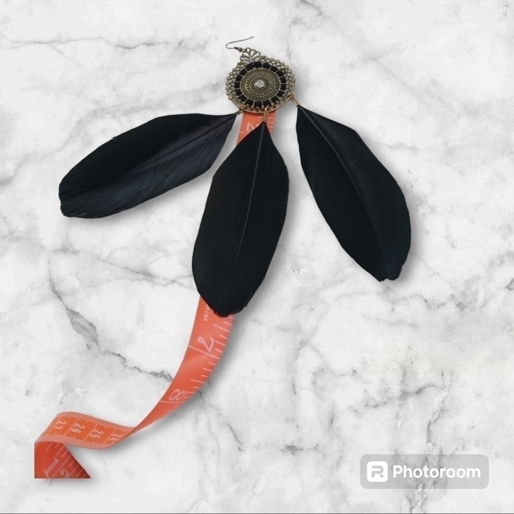 New Black Boho Western Cowgirl Feather Dangle Earrings - Picture 3 of 6
